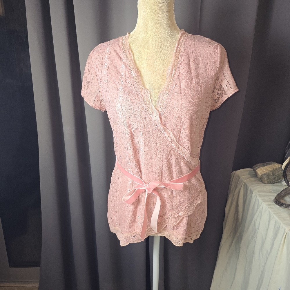 Urban Girl Pink Lace Wrap Top Satin Ribbon Sash Short Sleeve Y2K Medium